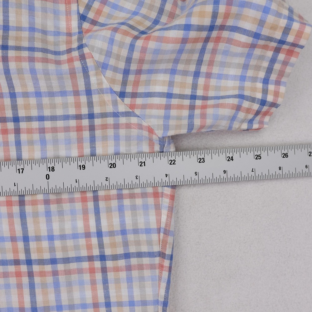David Donahue Shirt Mens Medium Blue Pink Tan Plaid Short Sleeve Linen Blend - Picture 8 of 12